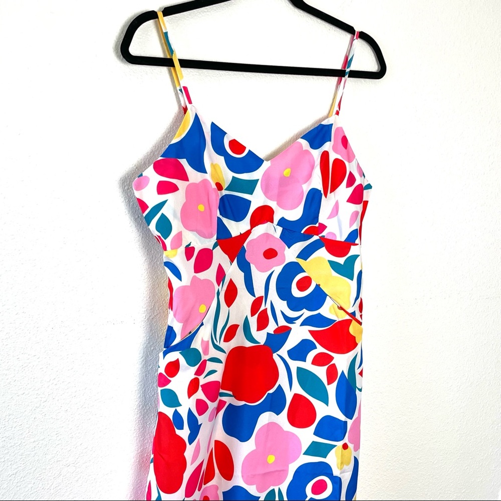 BRight Floral high-low Ruffle midi Dress Blue Red Yellow